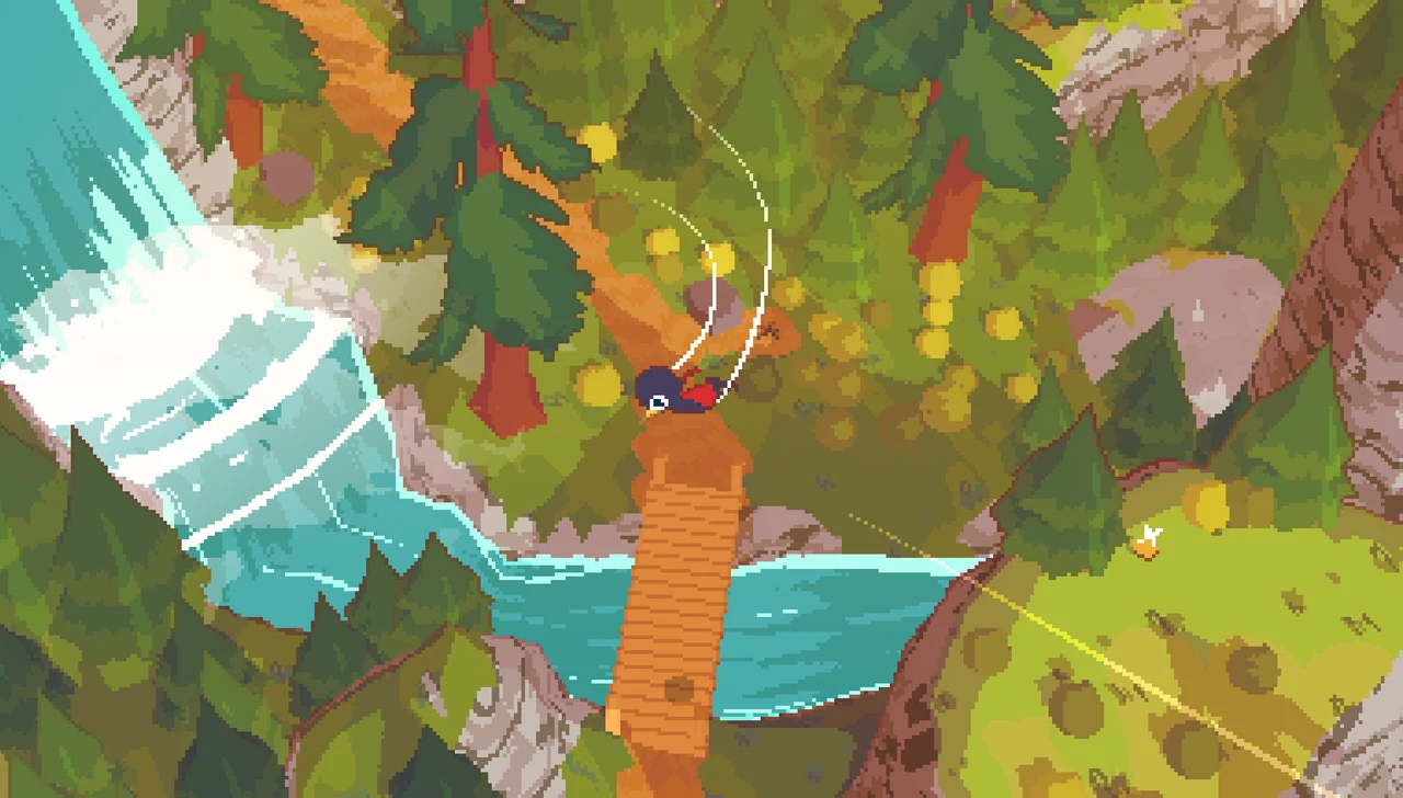A Short Hike screenshot: Claire gliding above a forest and waterfall
