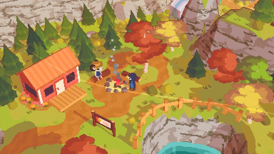 A Short Hike game screenshot: Claire exploring a forest campsite