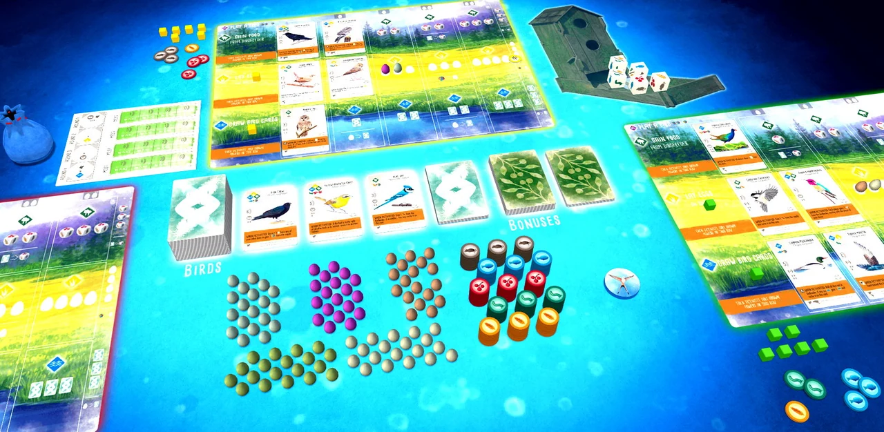 Wingspan screenshot from Tabletopia, showing a shared digital game table